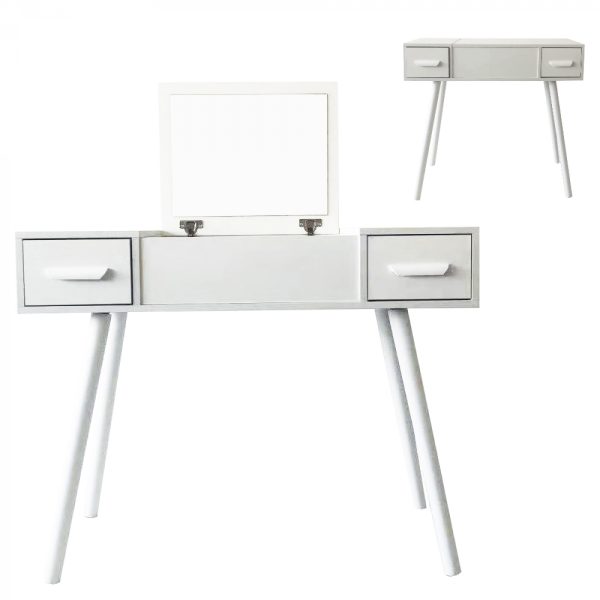 Coiffeuse - bureau de maquillage - miroir pliant et 2 tiroirs - blanc - VDD World