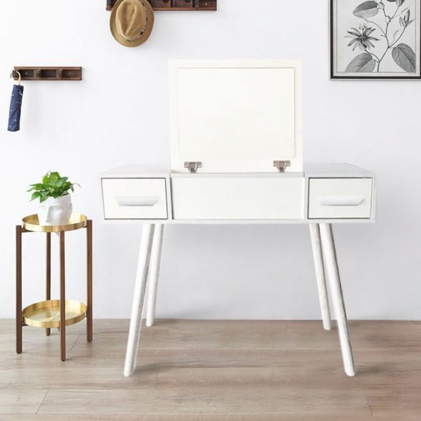 Coiffeuse - bureau de maquillage - miroir pliant et 2 tiroirs - blanc - VDD World