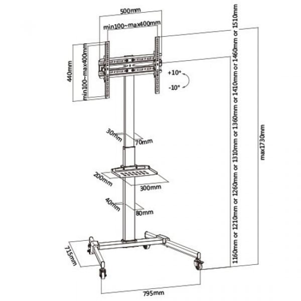 Meuble TV mobile - réglable en hauteur de 116 cm à 151 cm - noir - VDD World