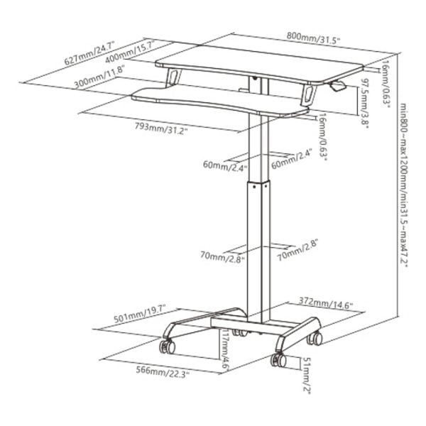 Table d'ordinateur portable de bureau assis-debout - mobile - réglable en hauteur - VDD World