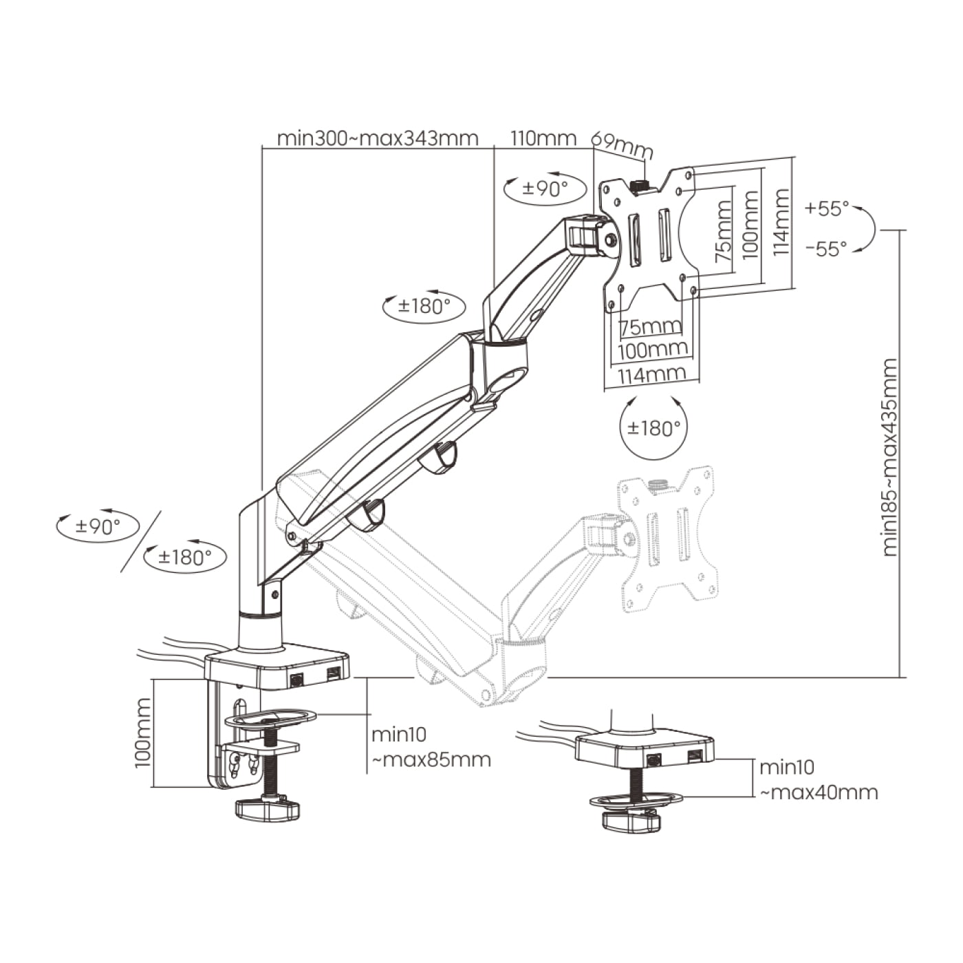 Support de moniteur ressort à gaz - bras de moniteur - usb 3.0 et type c - VDD World Support de moniteur ressort à gaz - bras de moniteur - usb 3.0 et type c - VDD World