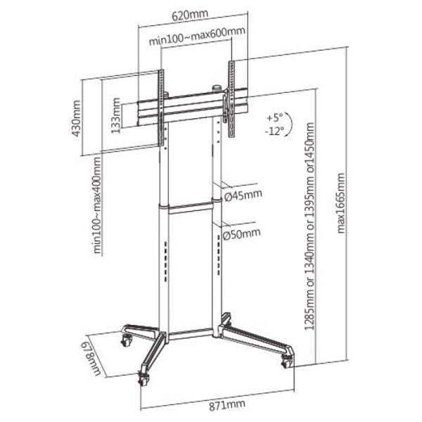 Support standard pour écran TV, mobile - réglable en hauteur et inclinable - 166 cm de hauteur - VDD World