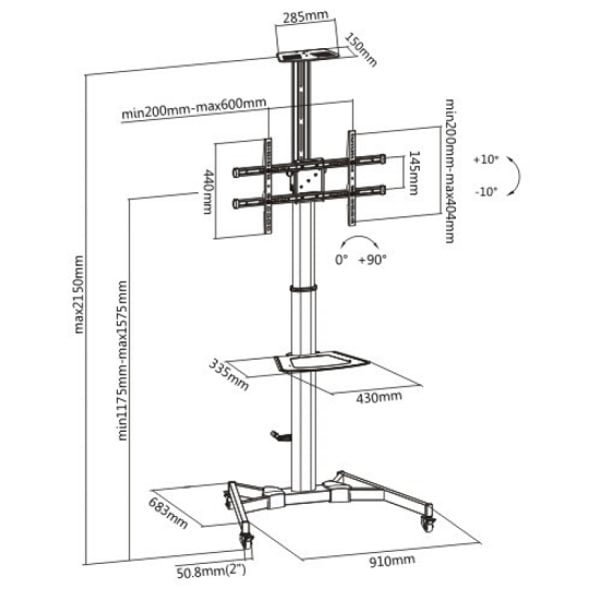 Trépied standard TV premium - mobile - réglable en hauteur - écran orientable inclinable - VDD World